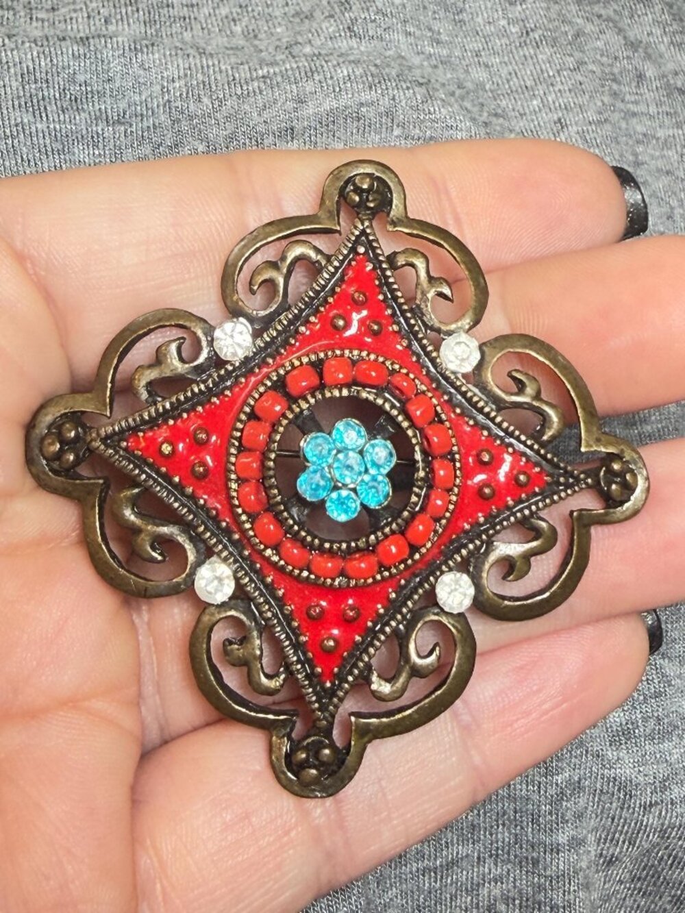 Southwestern Style Brooch Vintage Red Blue Rhinestones